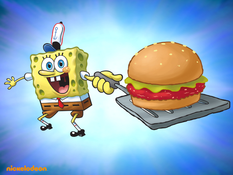 Bob esponja com sua espatula e seu Hamburguer de siri puzzle