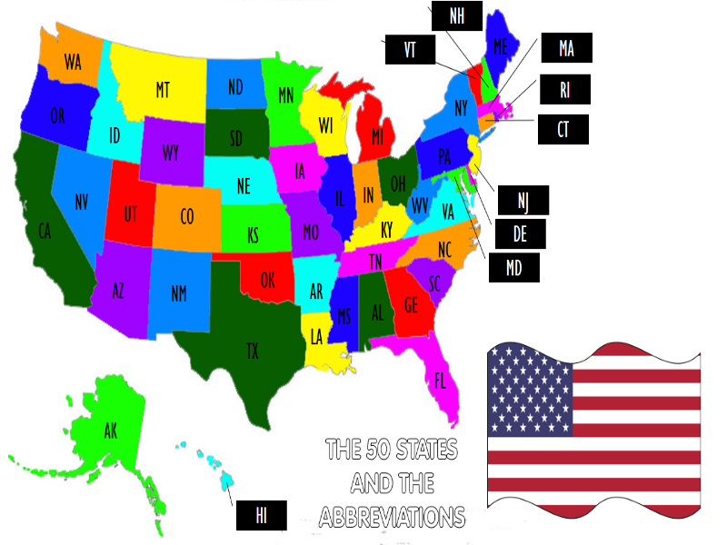Este é um quebra-cabeça sobre o mapa dos EUA e as abreviações dos nomes. puzzle